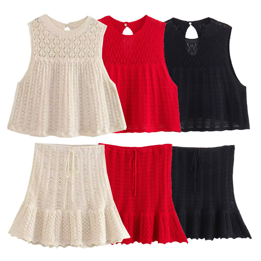 WWMODE | Mode Lässig Strickweste Hohlschliff Top Strick Kurzer Rock Set