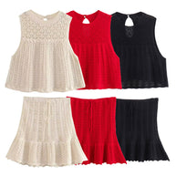 WWMODE | Mode Lässig Strickweste Hohlschliff Top Strick Kurzer Rock Set