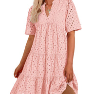 Damen luftiges Midikleid mit romantischem Lochmuster und V-Ausschnitt WW