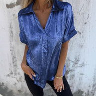 Damen Kurzarm-Seidenbluse mit elegantem Glanz und modischem Revers WW