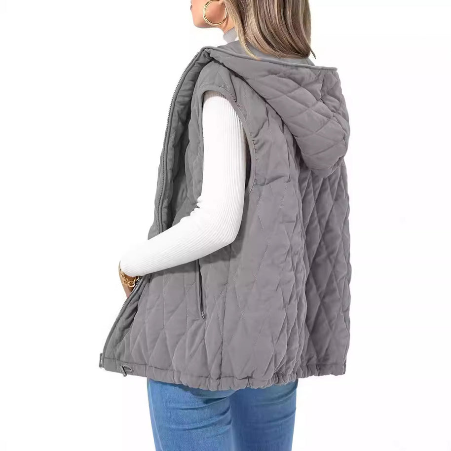 Damen gesteppte Hoodie-Weste mit praktischen Taschen WW