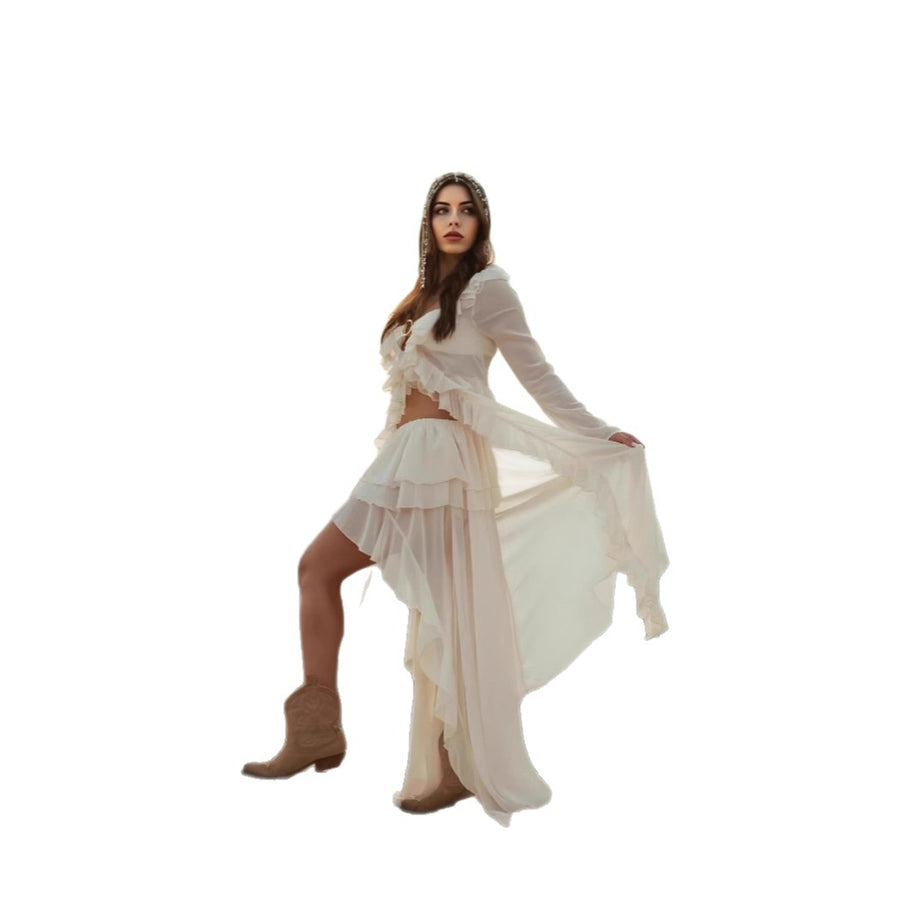 Damen romantisches Rüschenkleid mit langen Ärmeln WW