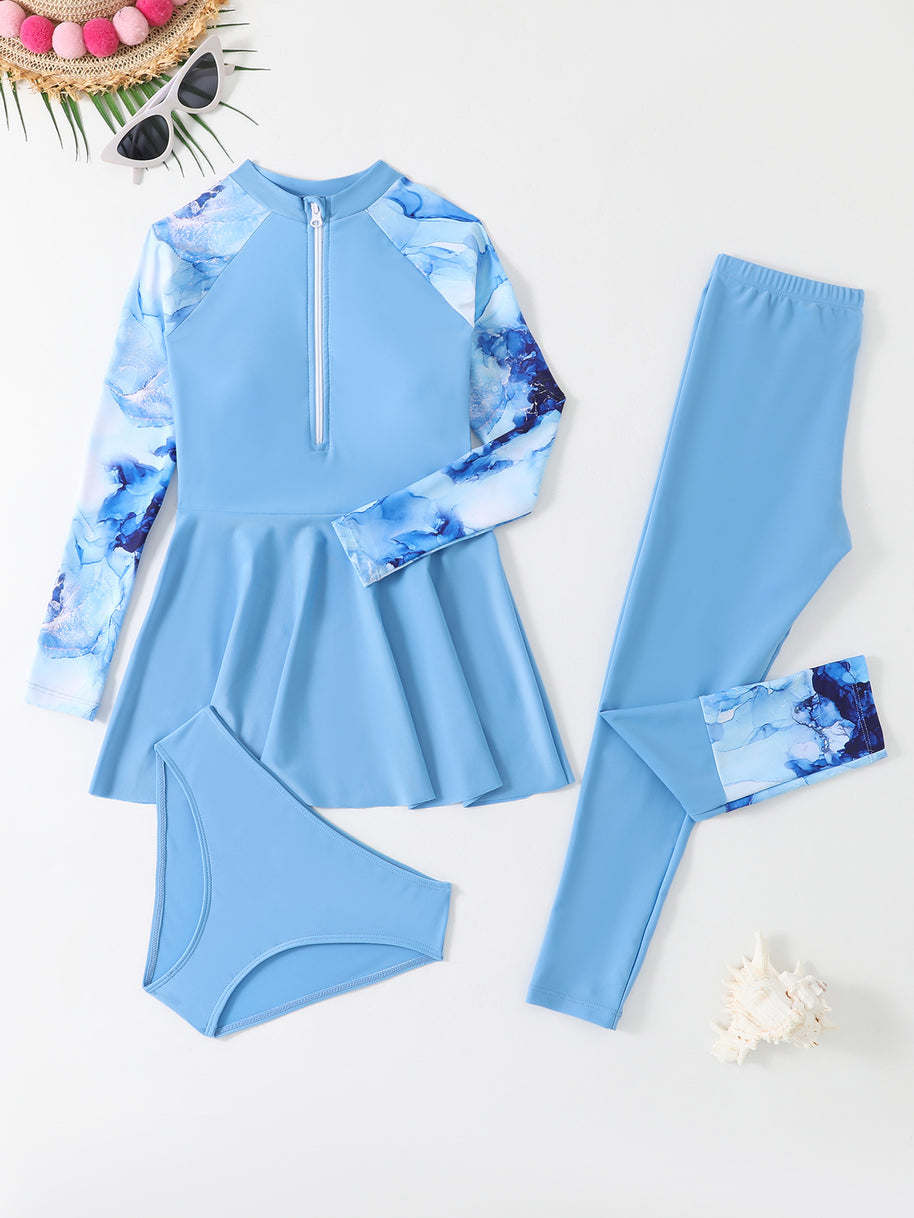 Damen Sportliches Schwimmanzug-Set mit langärmligem Oberteil und figurbetonenden Leggings WW