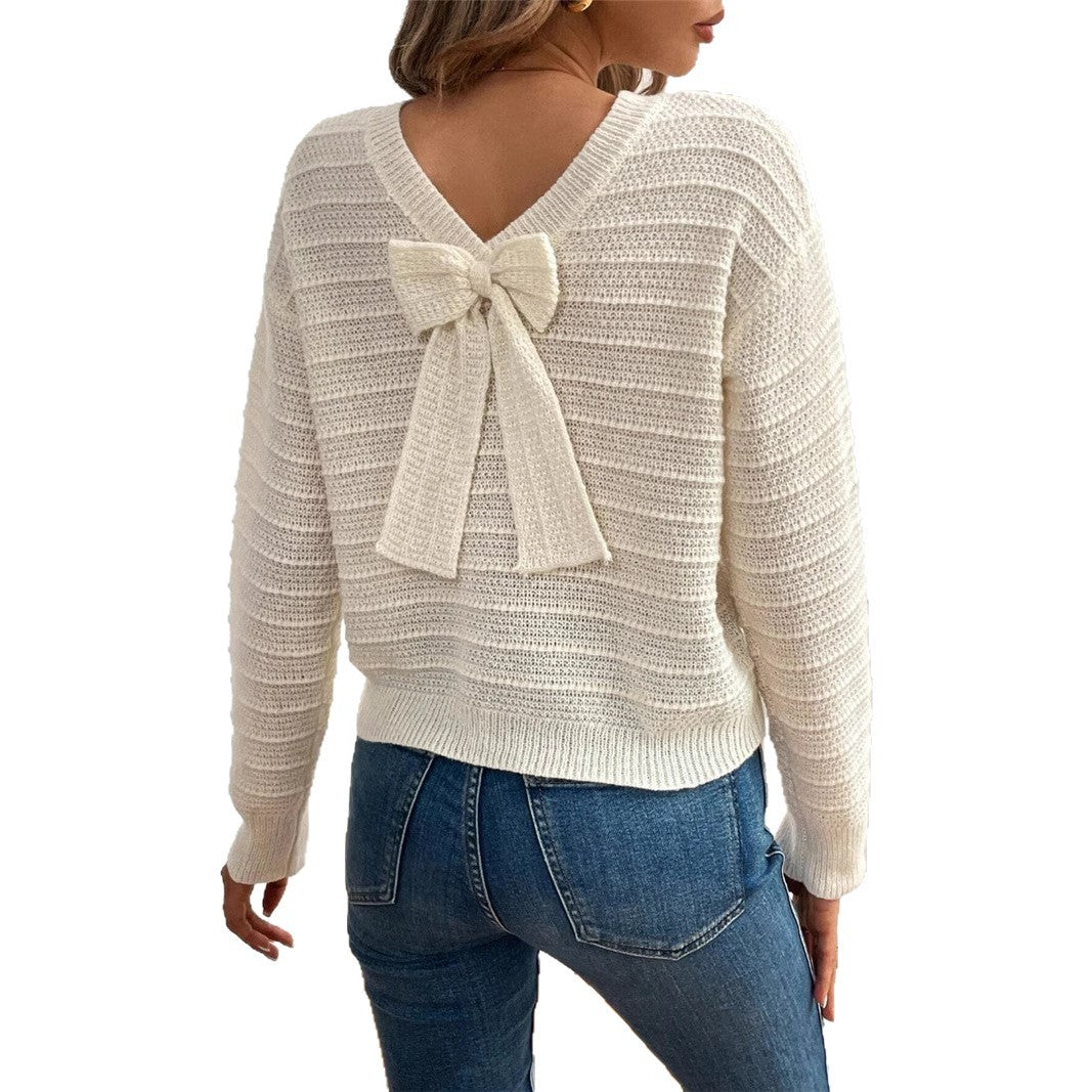 Damen Strickpullover mit V-Ausschnitt und dekorativem Schleifenelement WW