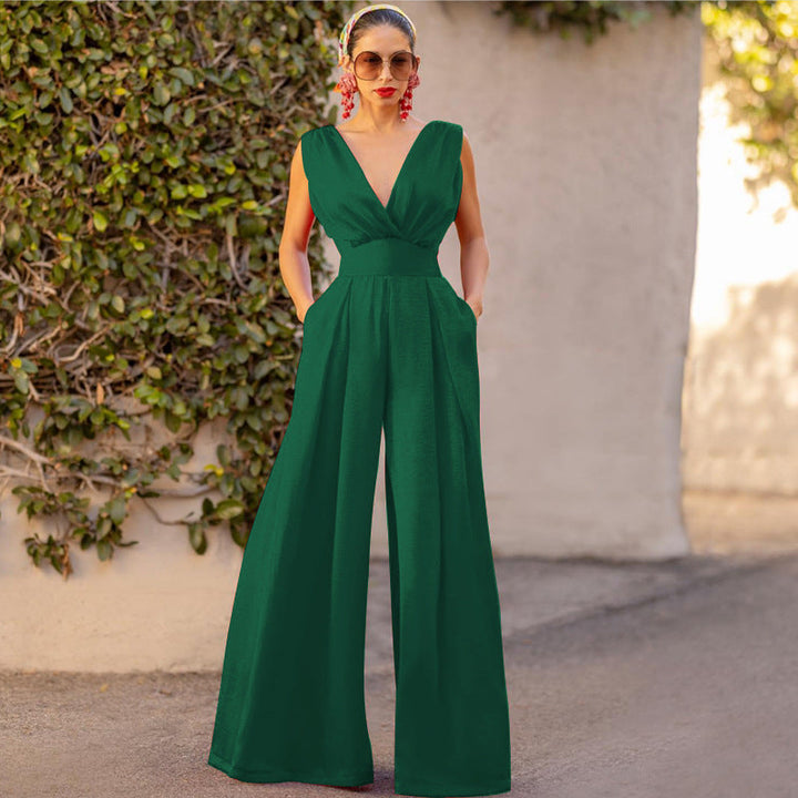 W&W Mode | Jumpsuit Hohe Taille Ärmellos Tiefer V-ausschnitt Weite Beinform Elegante Passform