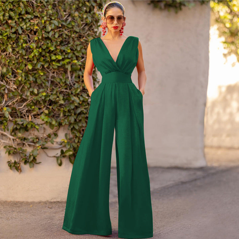 WW | Jumpsuit Hohe Taille Ärmellos Tiefer V-ausschnitt Weite Beinform Elegante Passform