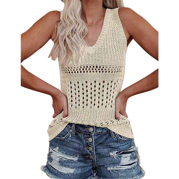 Damen luftiges Stricktop mit V-Ausschnitt und feinen Lochmustern W&W Mode