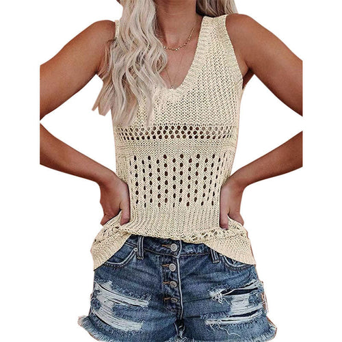 Damen luftiges Stricktop mit V-Ausschnitt und feinen Lochmustern W&W Mode