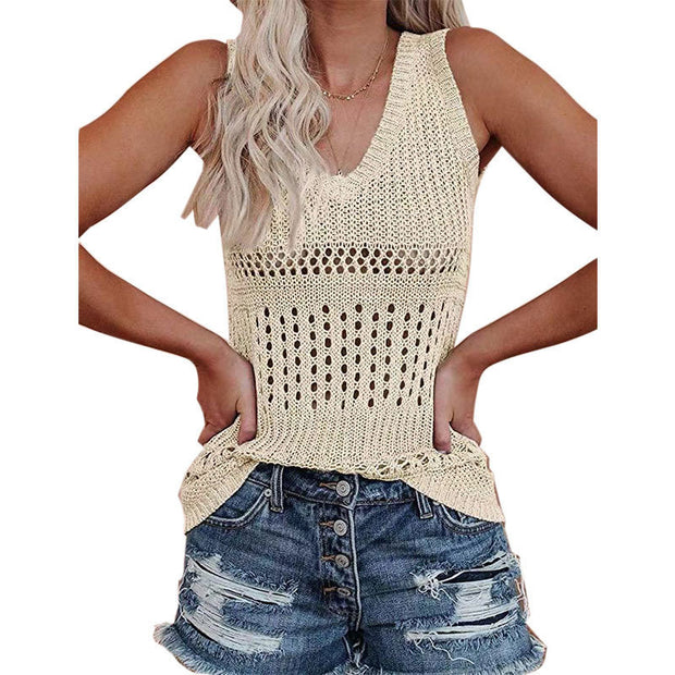 Damen luftiges Stricktop mit V-Ausschnitt und feinen Lochmustern WW