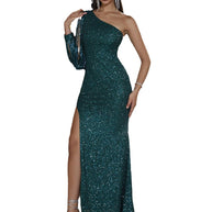Damen elegantes Abendkleid mit asymmetrischem Ausschnitt und glitzernden Details WW