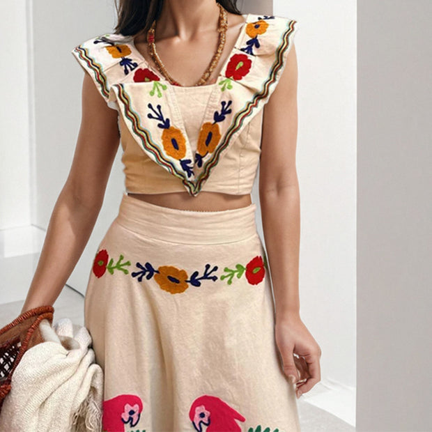 Damen Ethno-inspiriertes Maxikleid mit buntem Stickdesign und Volant WW