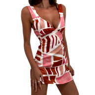 Damen figurbetontes Minikleid mit auffälligem geometrischem Design und tiefem V-Ausschnitt WW