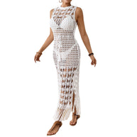Damen gehäkeltes Strandkleid mit tiefem Schlitz und fransigen Akzenten WW