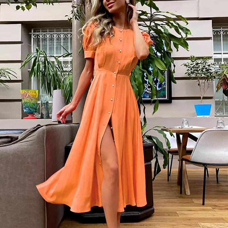 Damen Elegantes Maxikleid mit durchgehender Knopfleiste und asymmetrischem Schlitz WW