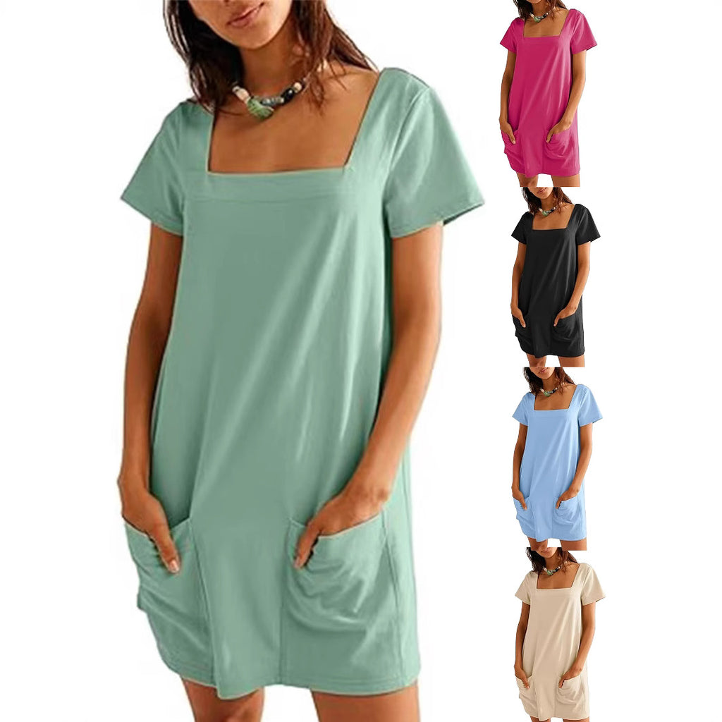 Damen lässiges Tunika-Kleid mit praktischen Taschen und Quadrat-Ausschnitt WW