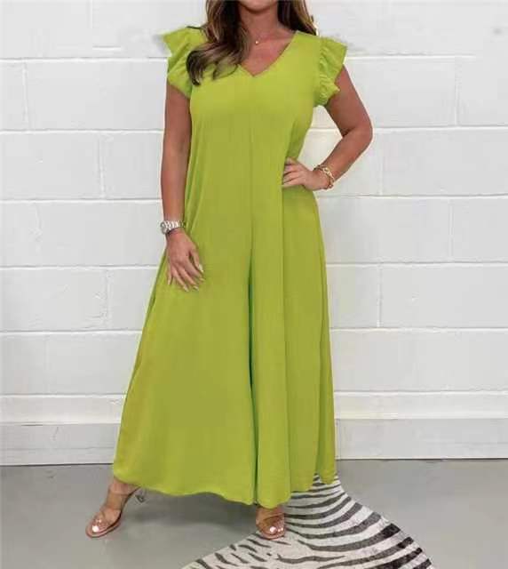 Damen gehobener Jumpsuit mit voluminösen Rüschenärmeln und V-Ausschnitt W&W Mode