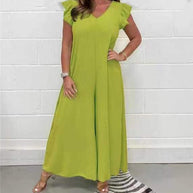 Damen gehobener Jumpsuit mit voluminösen Rüschenärmeln und V-Ausschnitt WW