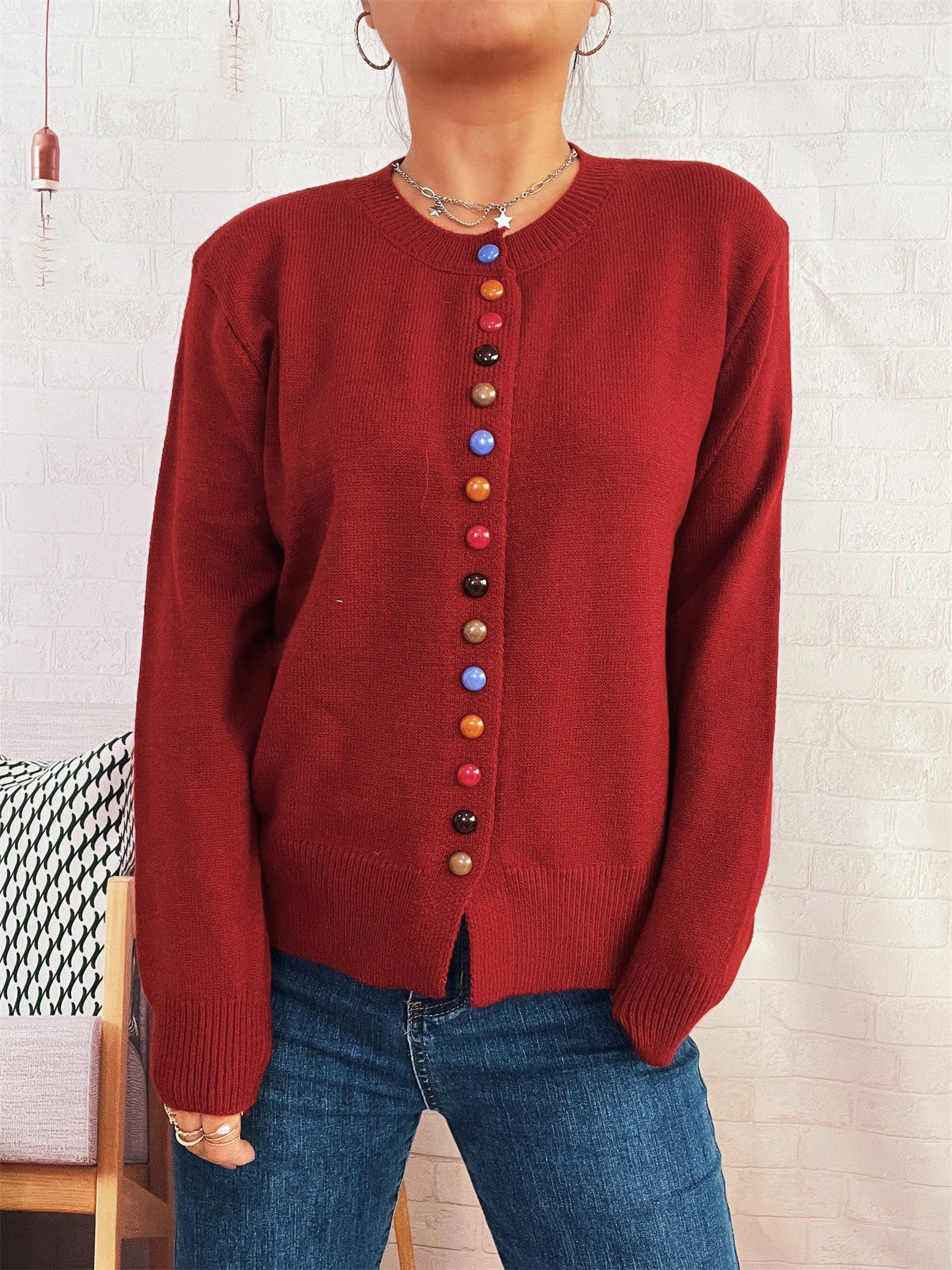 Damen stilvolle Strickjacke mit bunten Knöpfen WW