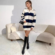 Damen Pullover-Kleid mit modernem Streifenmuster und detailreicher Knopfleiste WW