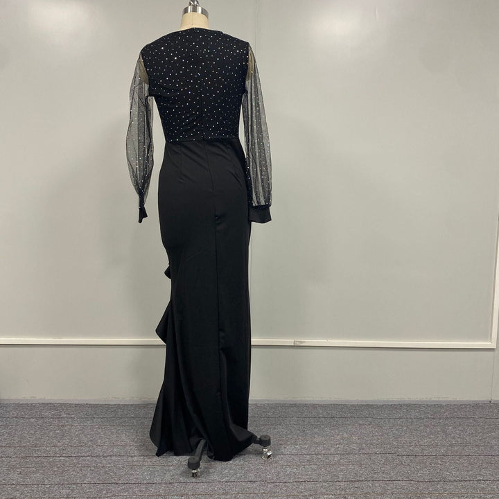 Damen langes Abendkleid mit V-Ausschnitt und langen Ärmeln