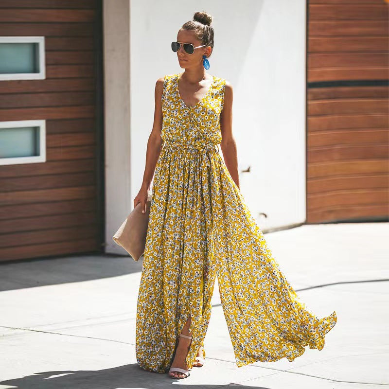 WW | Kleines Blumenmuster Maxikleid mit Ärmellosem Design und V-Ausschnitt