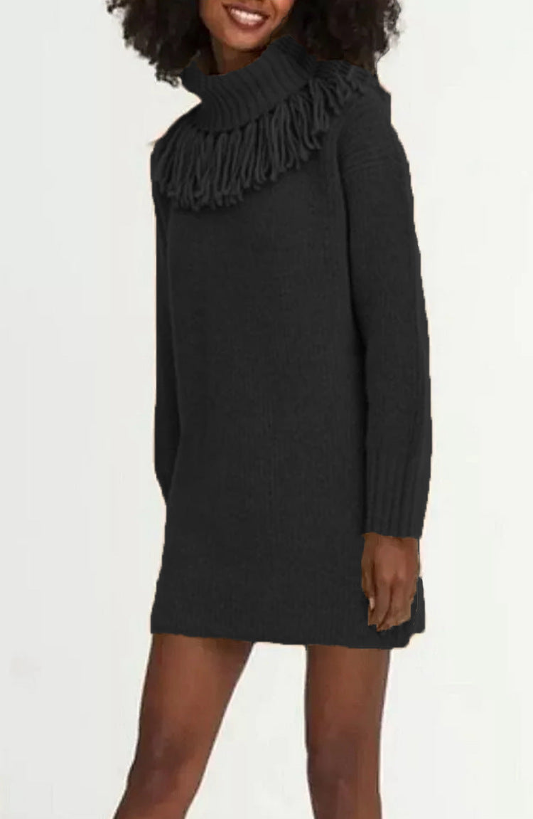 Damen Strickkleid mit Fransenkragen und gerippten Ärmeln WW