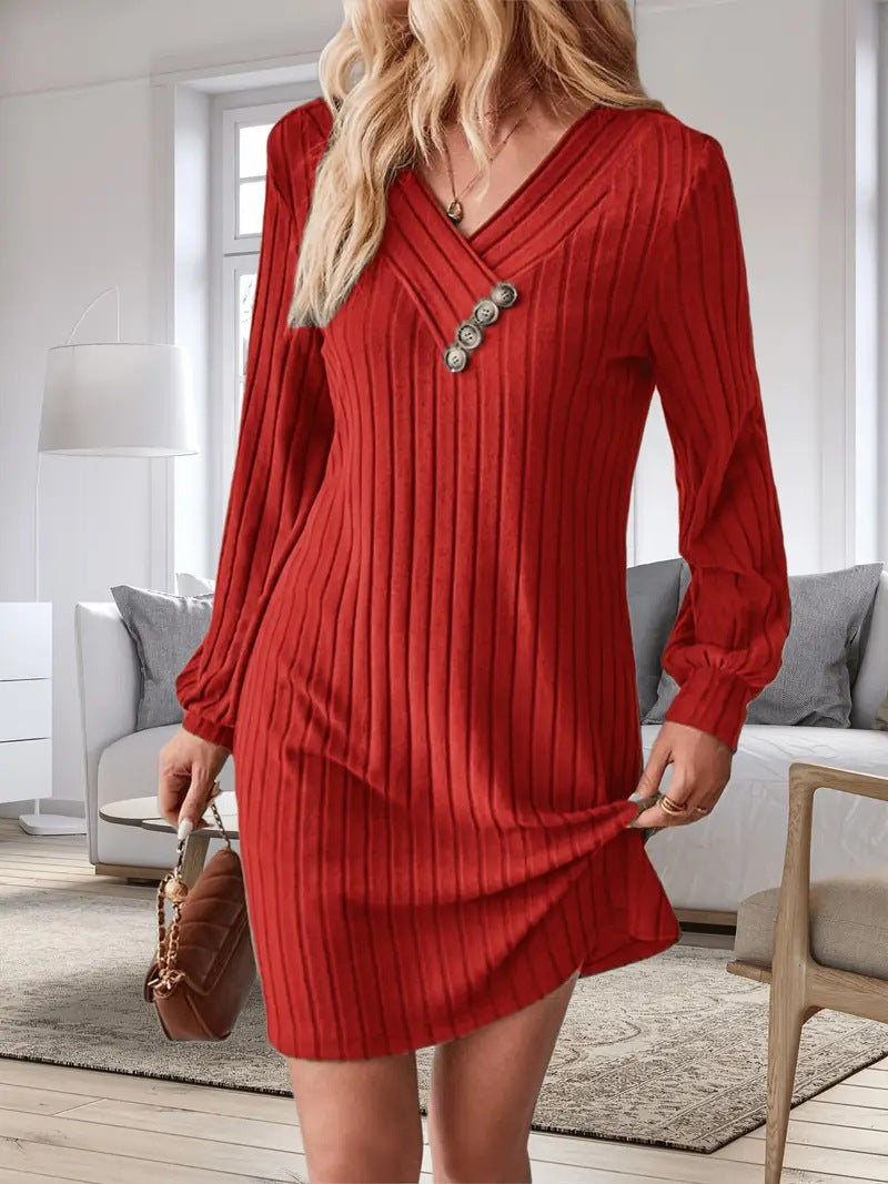 Damen Röhrenkleid mit elegantem V-Ausschnitt und dekorativen Knöpfen WW