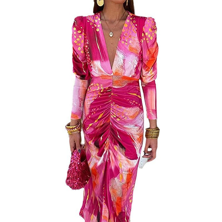 Damen Maxikleid mit auffälligem Drapierungseffekt und ballettartigen Puffärmeln W&W Mode