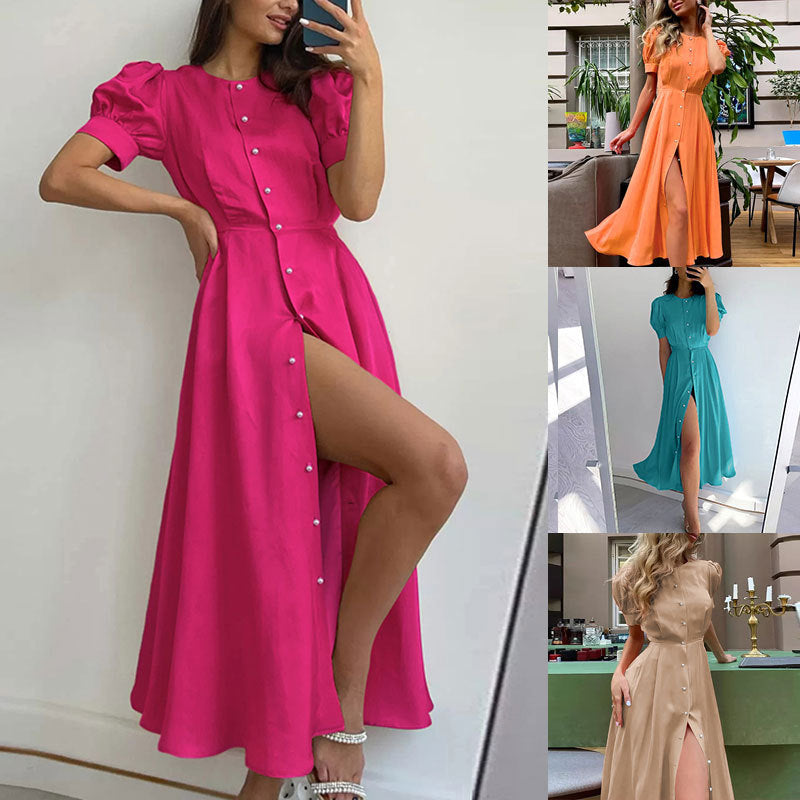 Damen Maxikleid mit eleganten Knopfdetails und sexy Schlitz W&W Mode