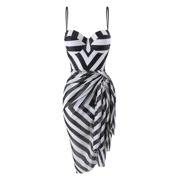 Damen Abendkleid mit raffiniertem Wickeldesign und gestreiftem Oberteil WW