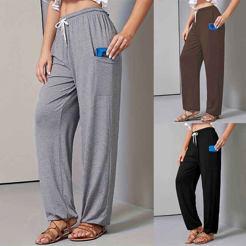 Damen lässige Hochtaillierte Stoffhose mit praktischen Seitentaschen und elastischem Bund WW