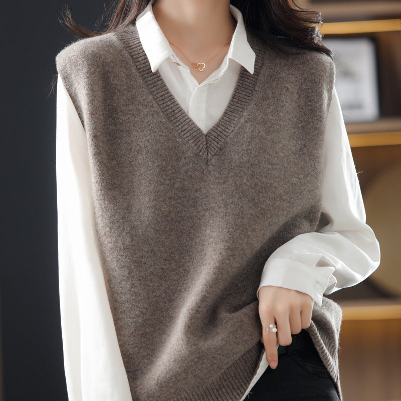 Damen Ärmellose Strickweste mit V-Ausschnitt und feiner Textur WW