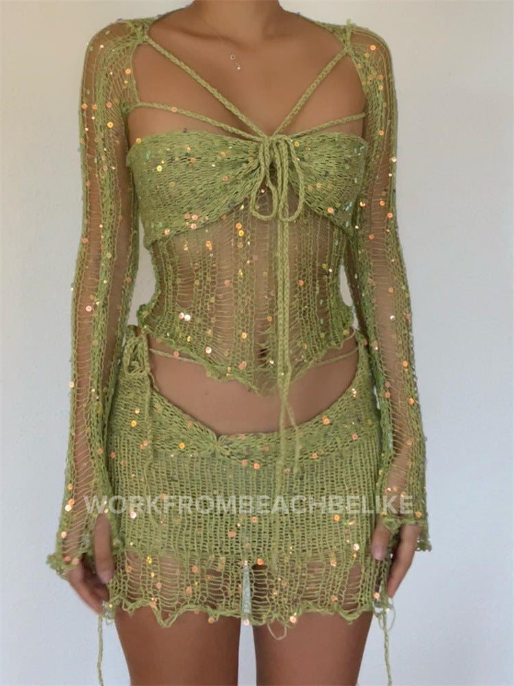 Damen Lässiges Urlaubskleid im offenen Strickdesign mit schimmernden Pailletten WW