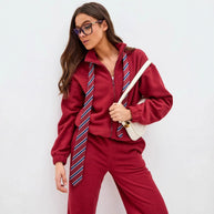 Damen bequemer Fleece-Jogginganzug mit hochschließendem Reißverschluss und weitem Schnitt WW