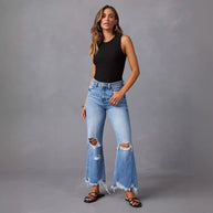 Damen weite High-Waist Jeans mit Destroyed-Details WW