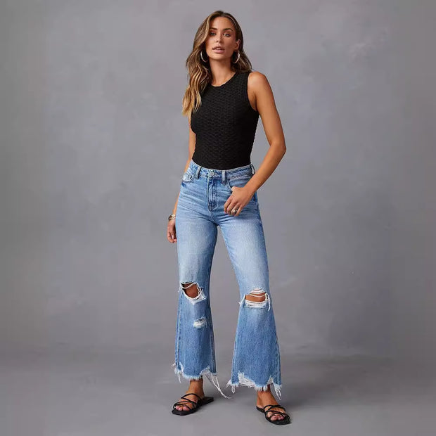 Damen weite High-Waist Jeans mit Destroyed-Details WW