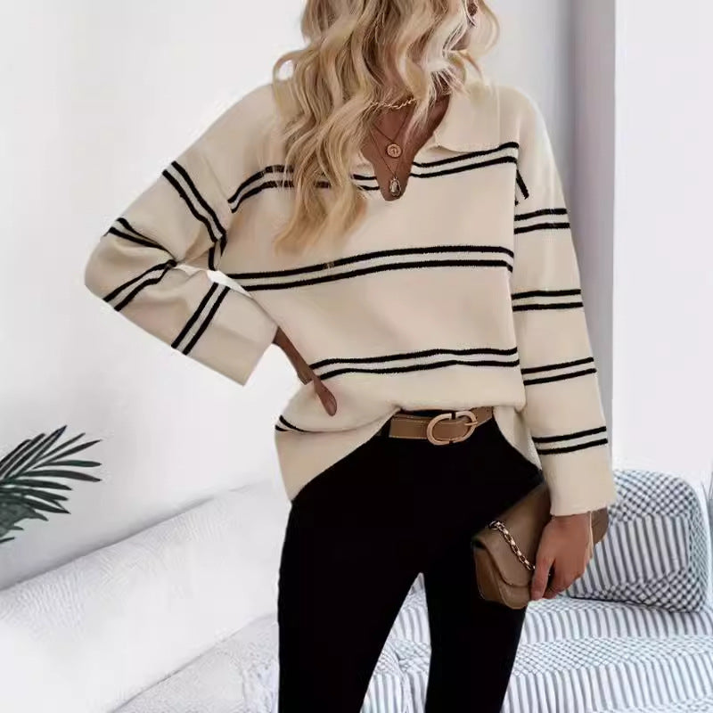 Damen Strickpullover mit V-Ausschnitt und Streifenmuster WW