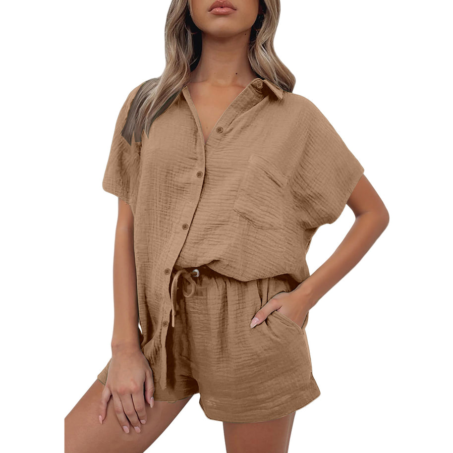 Damen lässiges Kurzarm-Hemd und Shorts Set aus strapazierfähigem Baumwollmaterial mit praktischen Taschen und elastischem Bund WW