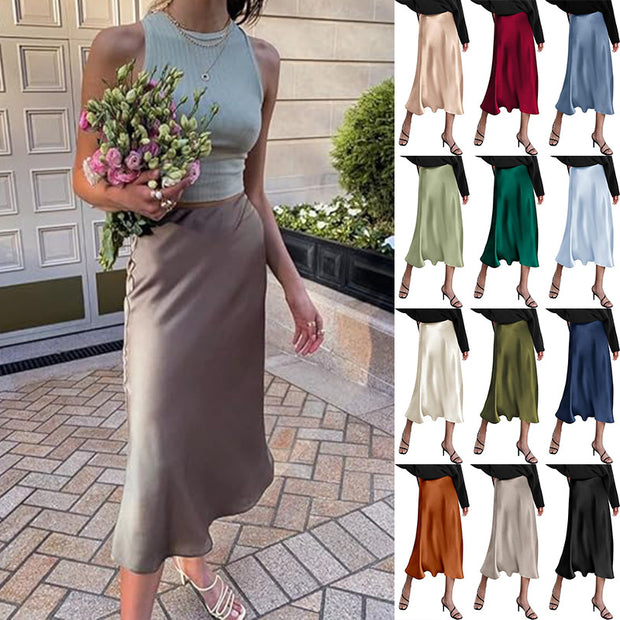 Damen eleganter Midi-Rock aus satinierter Viskose mit fließendem Fall WW