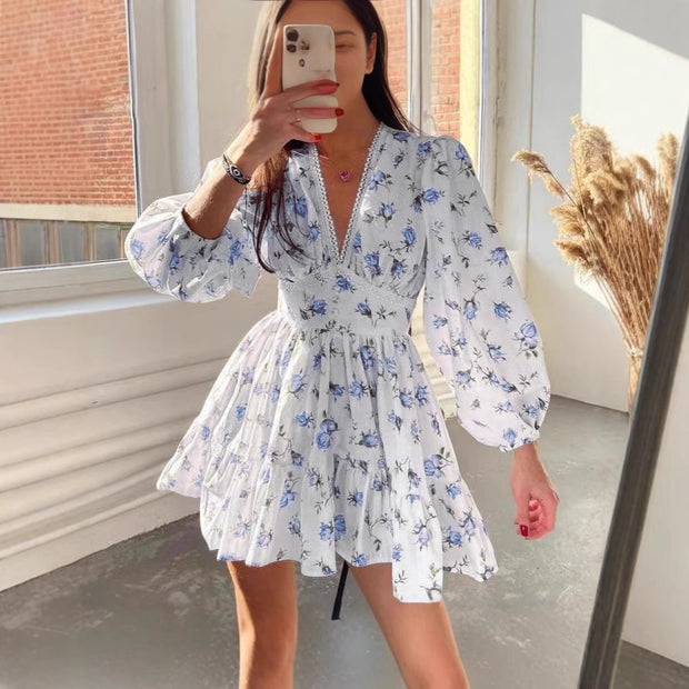 Damen romantisches Blumenkleid mit voluminösen Ärmeln WW