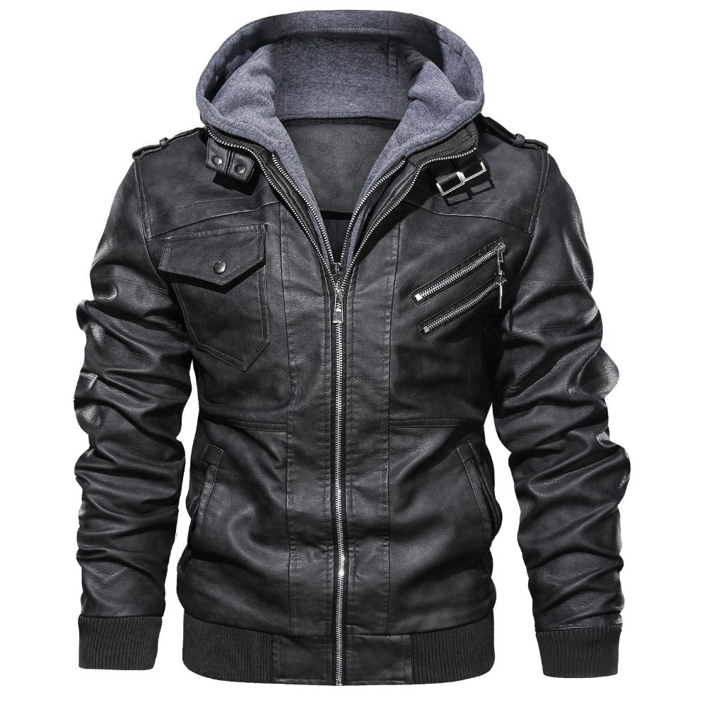 Herren Lederjacke mit abnehmbarem Kapuzenfutter und mehreren praktischen Taschen WW