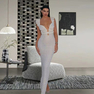 Damen Strick-Maxikleid mit tiefem V-Ausschnitt und Rüschendetails WW