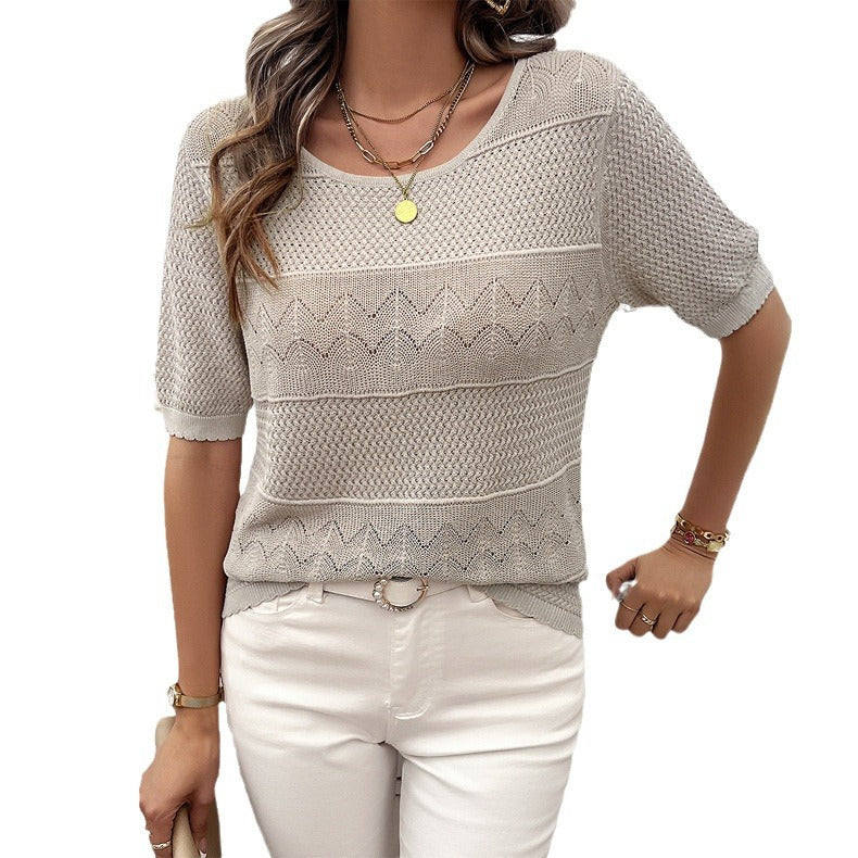W&W Mode | Eleganter Rundhals Hohler Kurzarm Pullover Top
