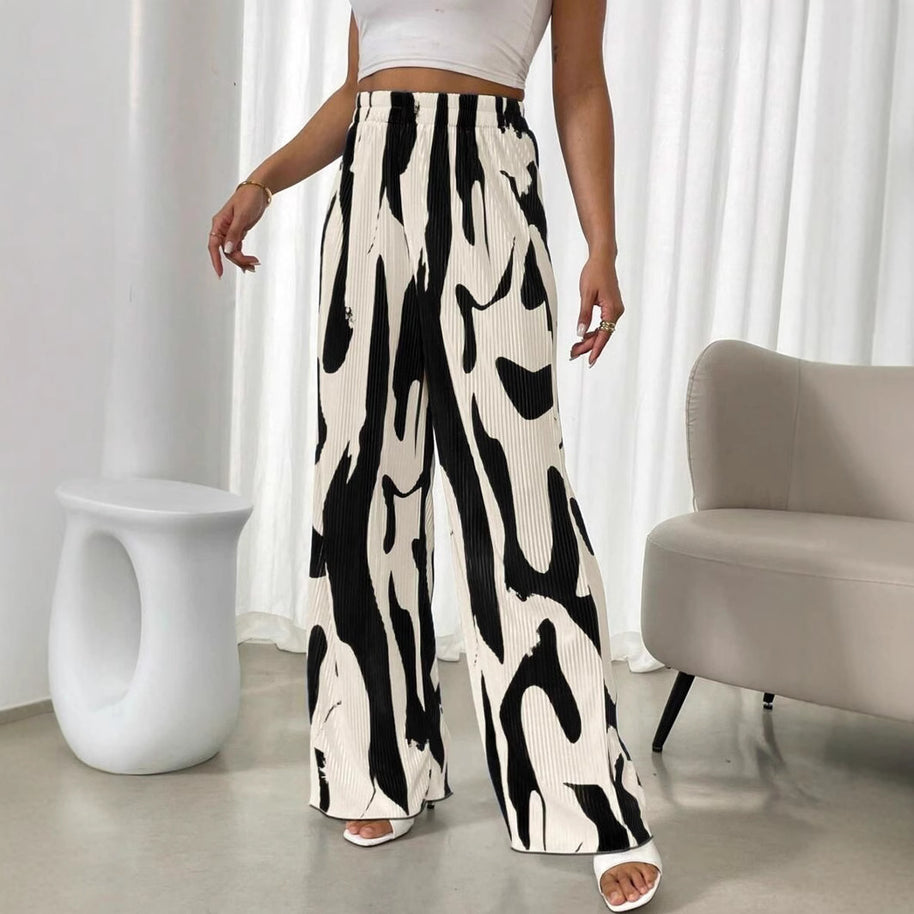 Damen weite Plisseehose mit elastischem Bund und modischem Muster WW
