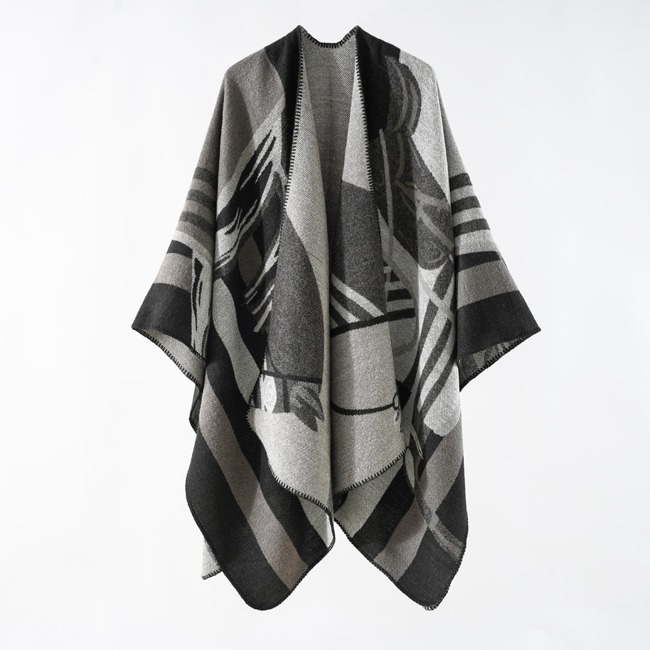 Damen eleganter Strickponcho mit kunstvollem Muster und feinen Fransen WW