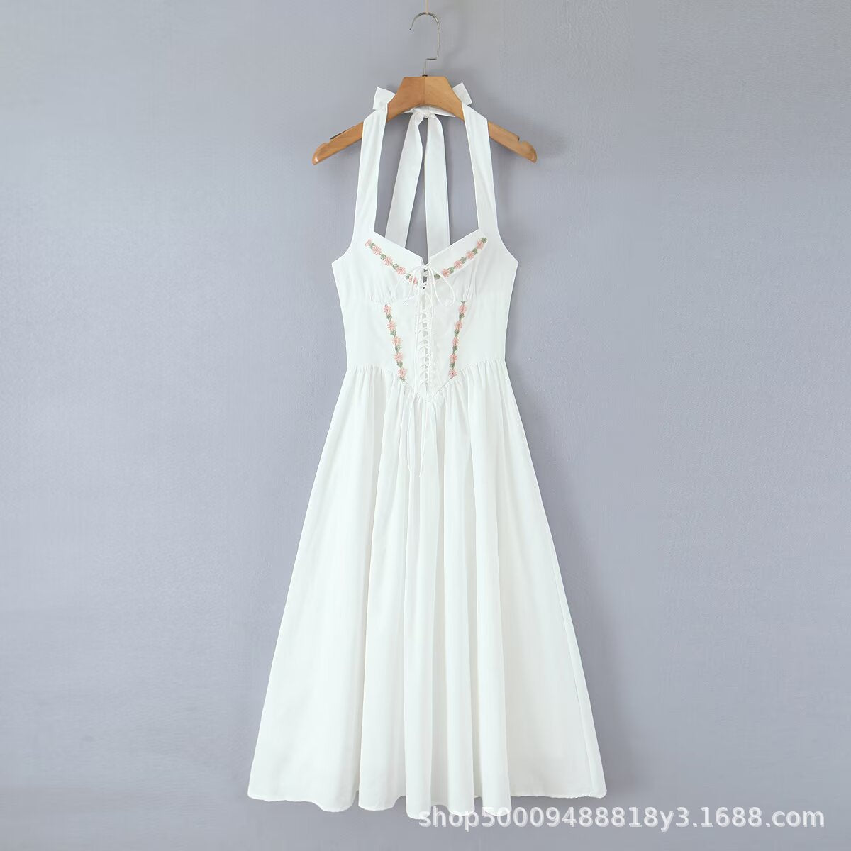 Damen Sommerkleid mit verstellbaren Trägern und floralen Applikationen WW