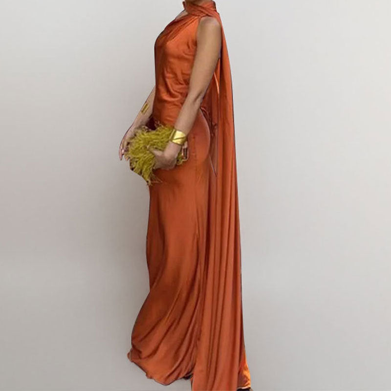 Damen Elegantes Abendkleid mit asymmetrischem Design und weichem Umhang WW