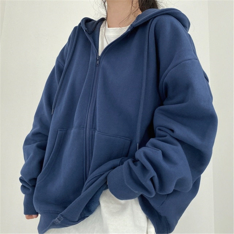 W&W Mode Zip-up Oversized Solid Pocket Hooded Langarm Lose Baseball Jacke