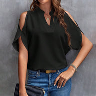 Damen Kurzarmbluse mit elegantem V-Ausschnitt und luftigen Schmetterlingsärmeln W&W