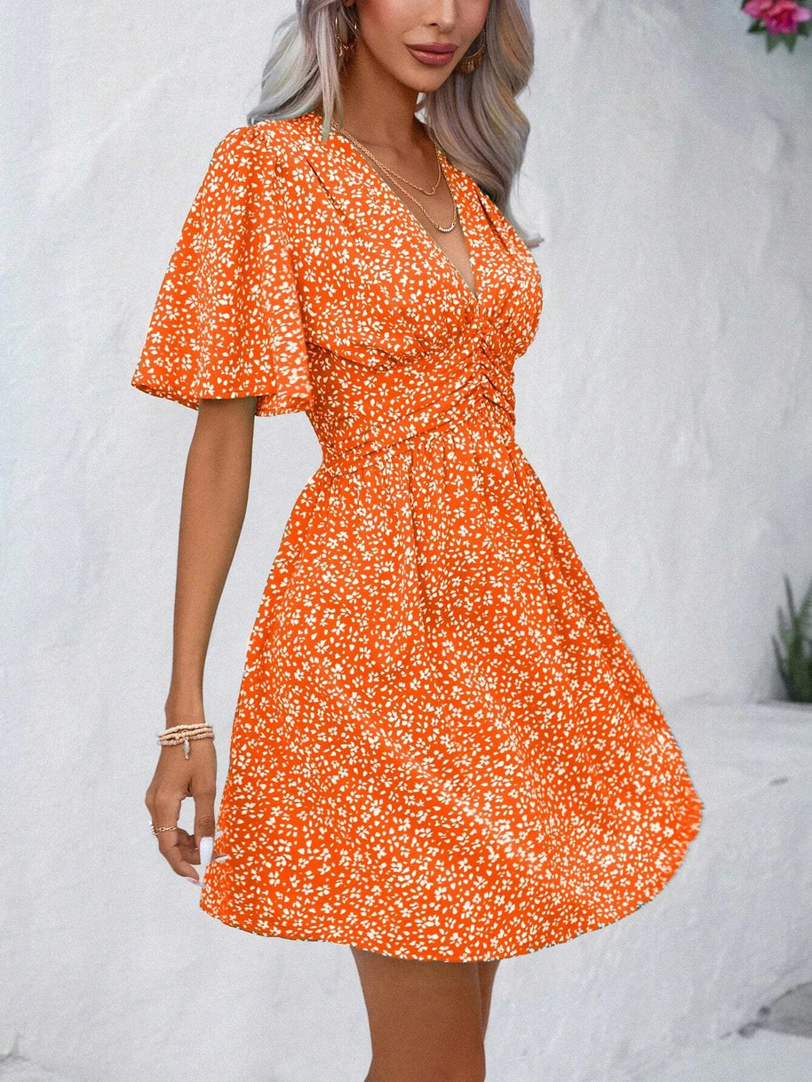Damen Blütenmuster Kleid mit V-Ausschnitt und kurzen Ärmeln WW